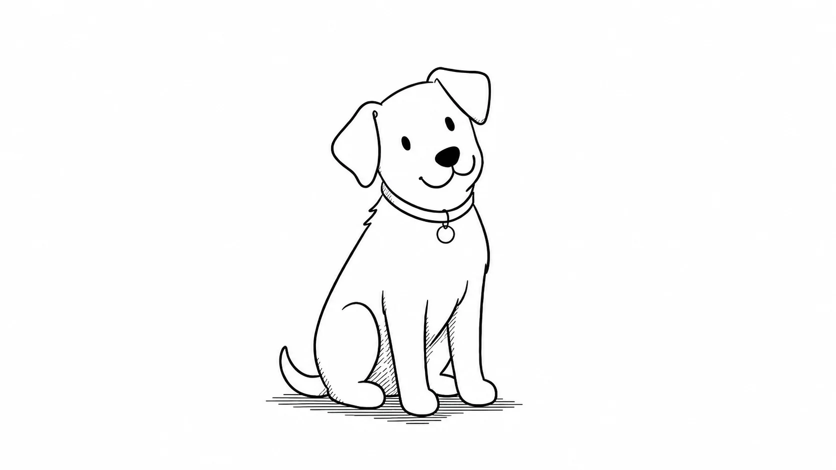 A line illustration of a friendly dog with a collar sitting calmly and looking up, ready to learn