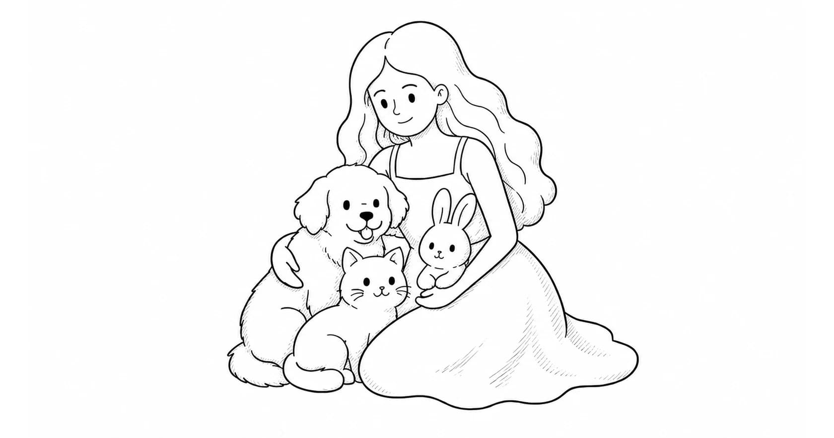 An illustration of a person sitting with a small dog, cat, and rabbit