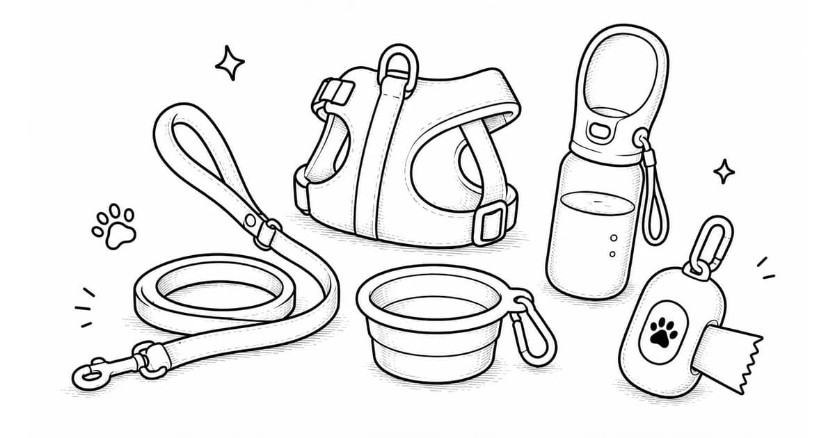A line illustration of dog walking accessories and pet supplies