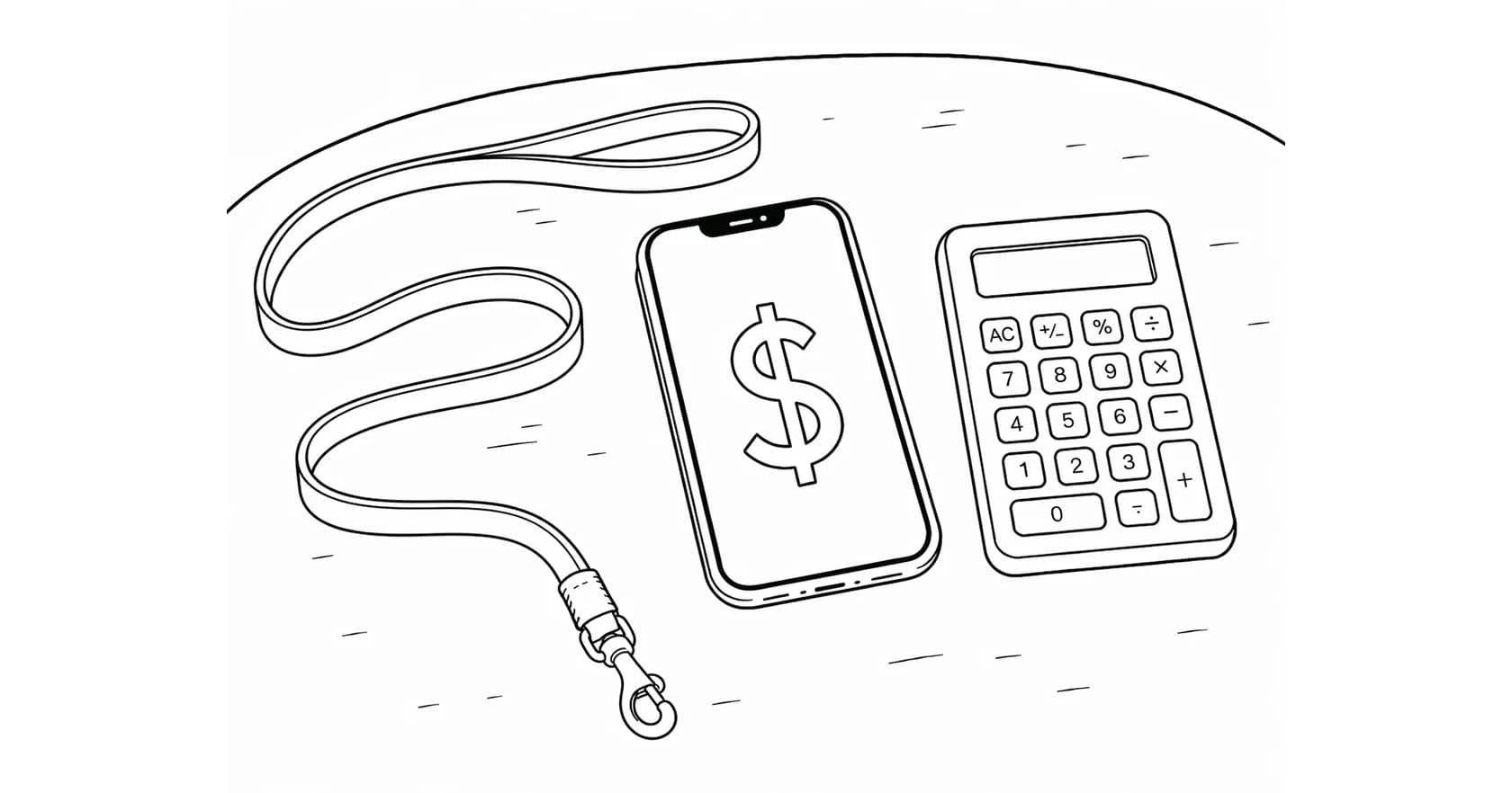 An illustration of a dog leash, a phone showing a dollar sign, and a calculator representing dog walker earnings