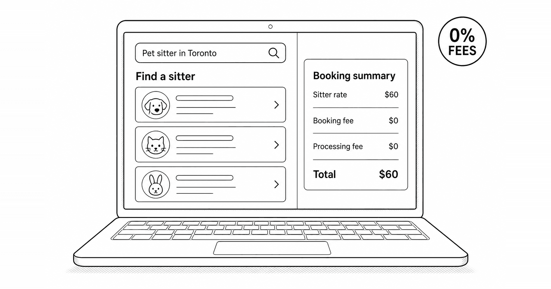 An illustration of a pet parent comparing local pet sitter profiles with transparent pricing in the Greater Toronto Area