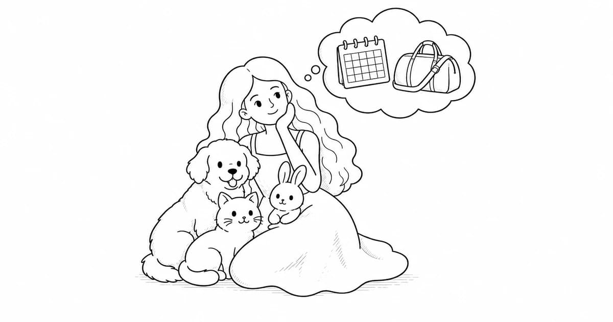 Line illustration of a pet parent with a dog, cat and rabbit, thinking about travel dates and a packed bag