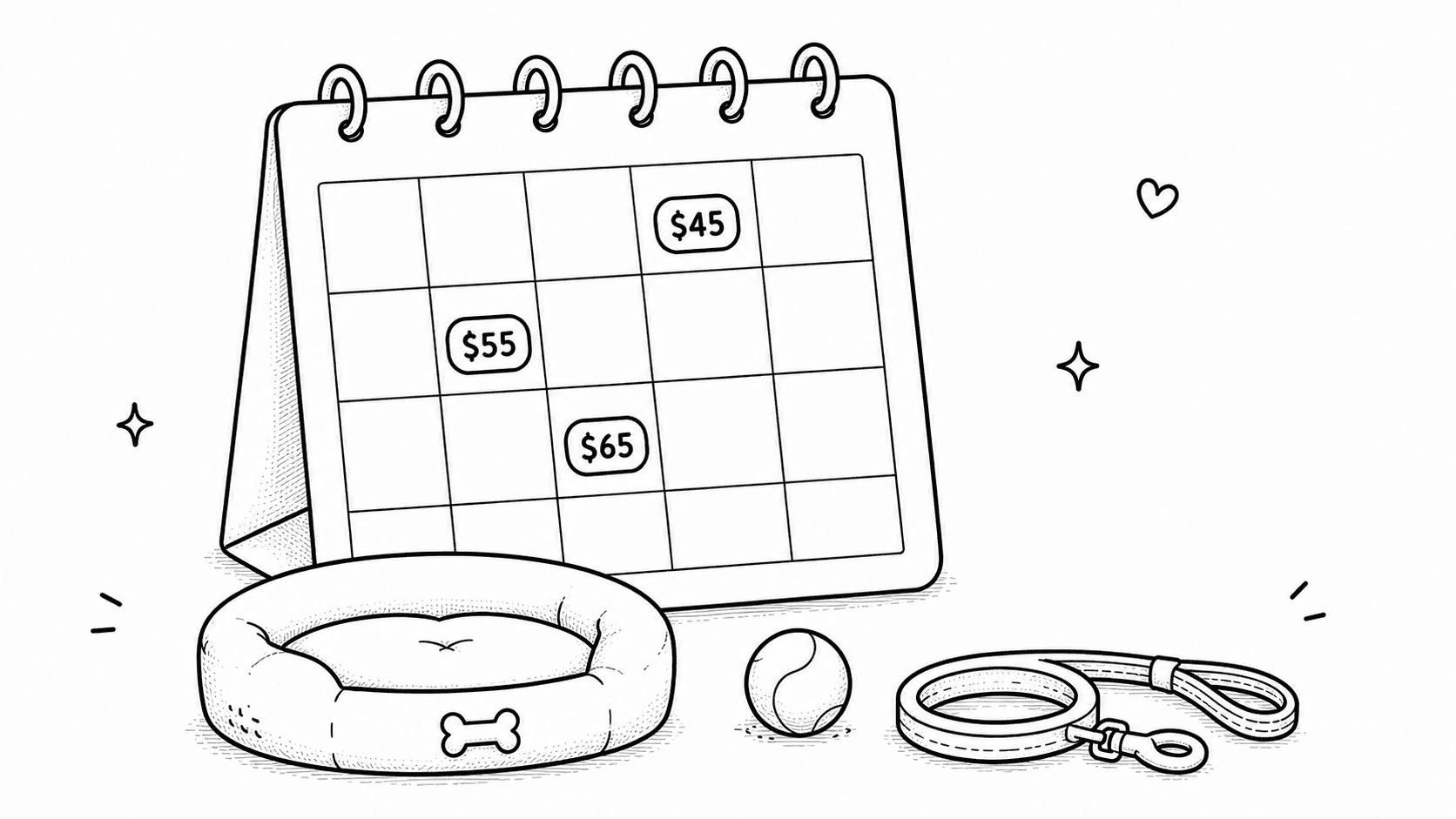 A line illustration of a dog bed, leash, ball, and a calendar showing dog boarding prices