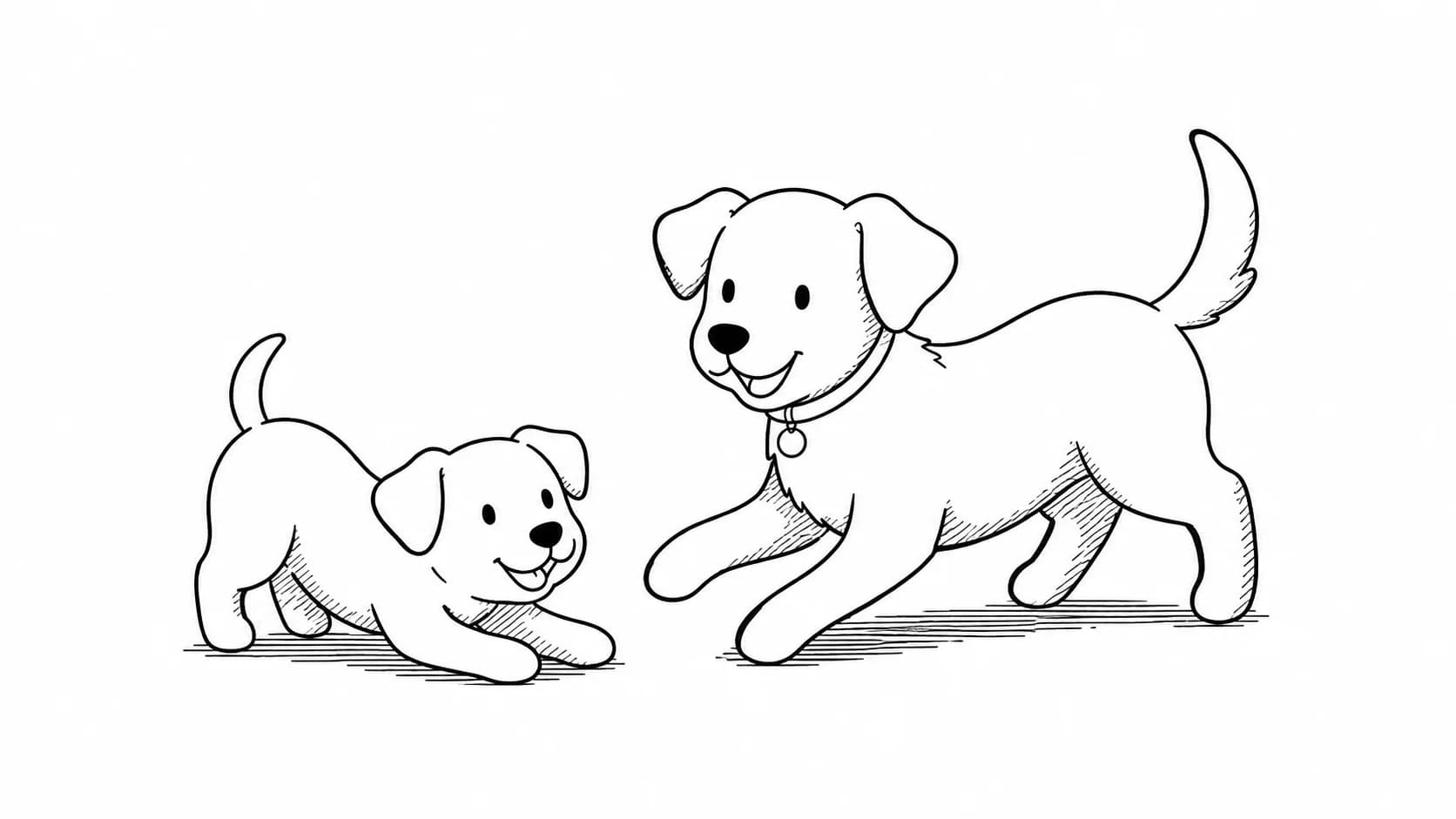 A line illustration of a small puppy and a larger adult dog playing together, ready to greet a new home