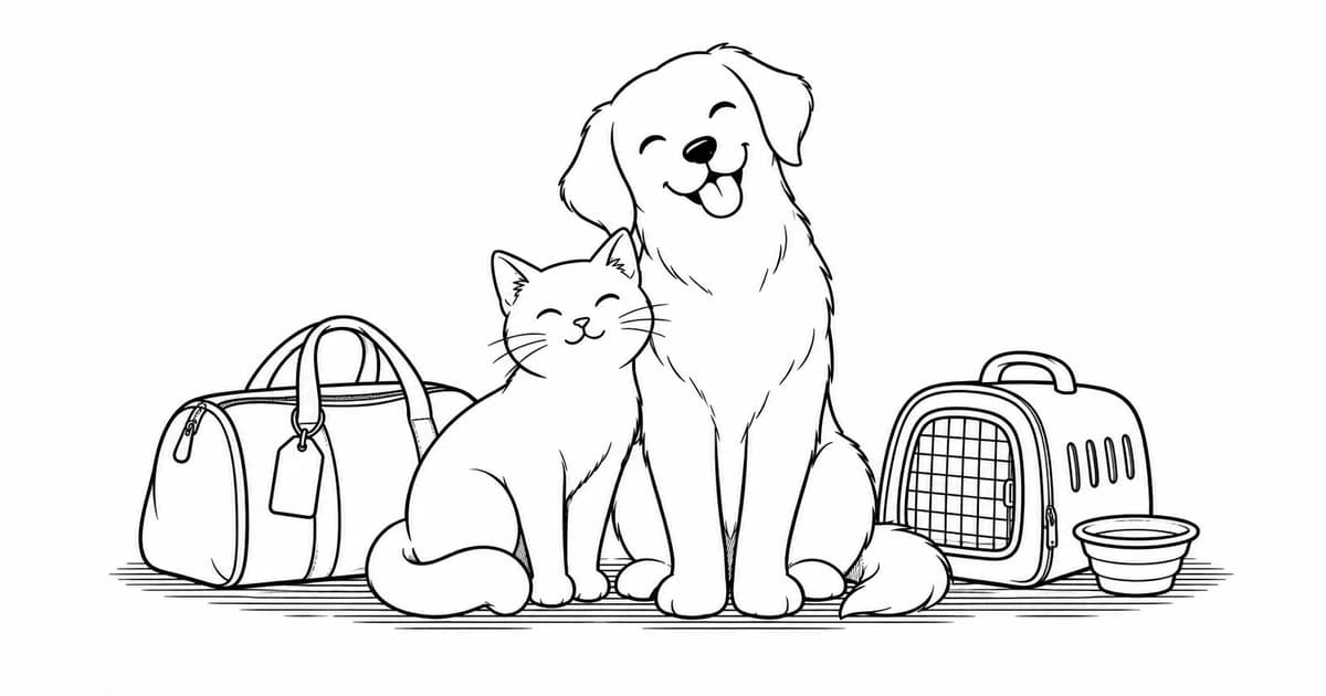 Illustration of a dog and cat beside a travel bag, pet carrier and bowl