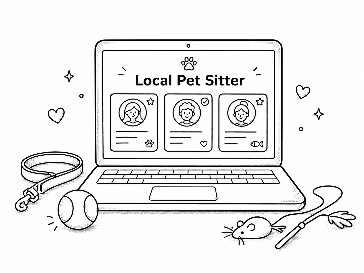 A laptop showing local pet sitter profiles beside pet care items like a leash, ball, and cat toy