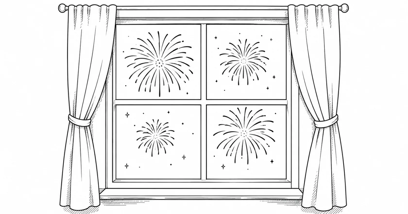 A line illustration of fireworks bursting in the night sky outside a curtained window, viewed from inside a calm room