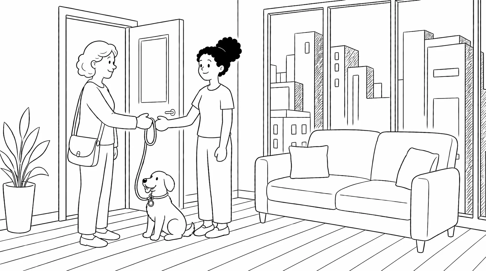 A relaxed dog with a packed travel bag, ready for an overnight pet boarding stay