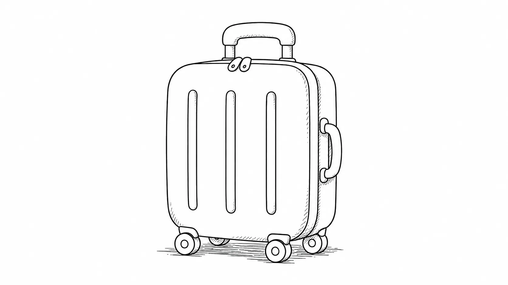 A line illustration of a packed wheeled suitcase, ready for a trip away from home