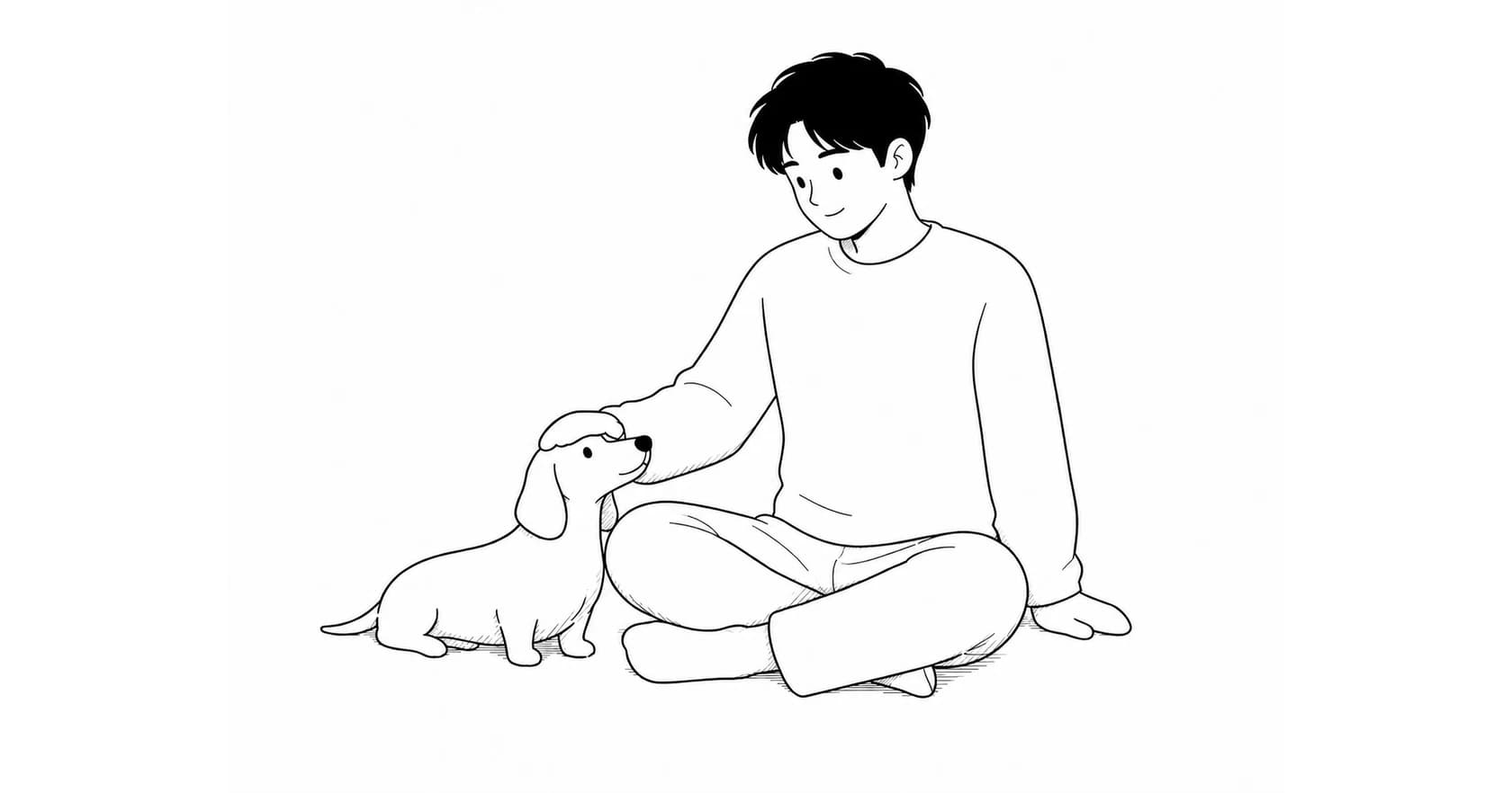 An illustration of a person sitting on the floor and gently petting a small dog