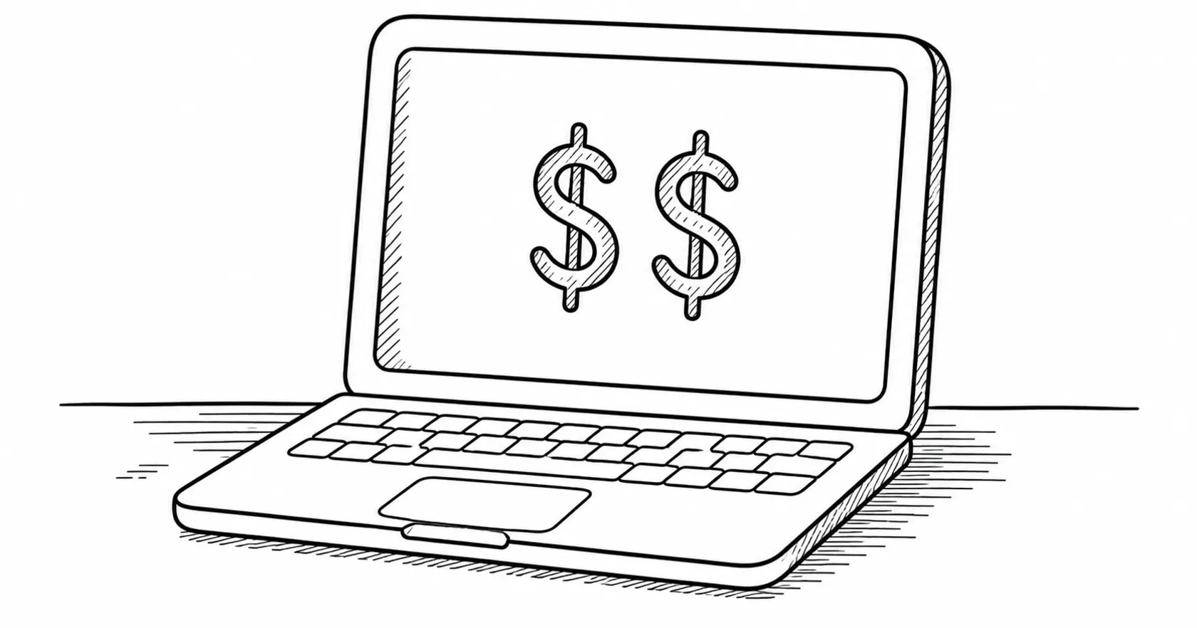 A line illustration of an open laptop with two dollar signs on the screen, representing simple, transparent pet care pricing