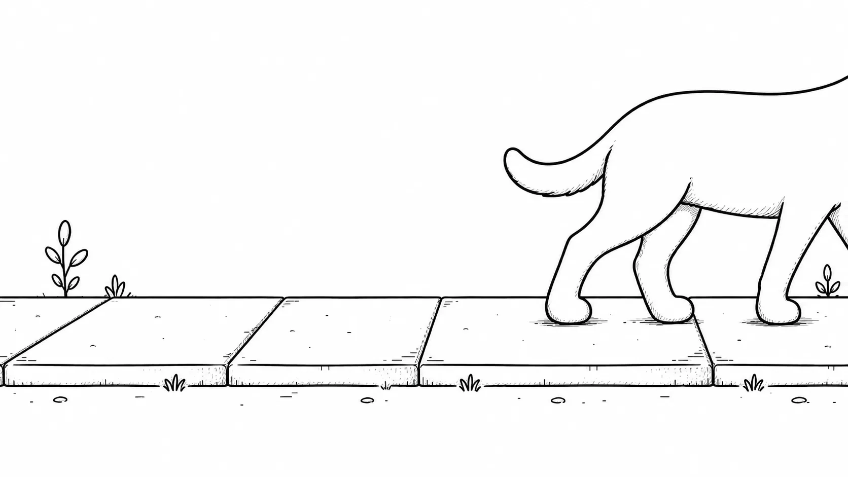 A line illustration of a dog walking across warm pavement on a summer day