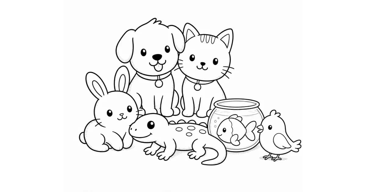 Line illustration of a dog, cat, rabbit, lizard, fish, and bird together