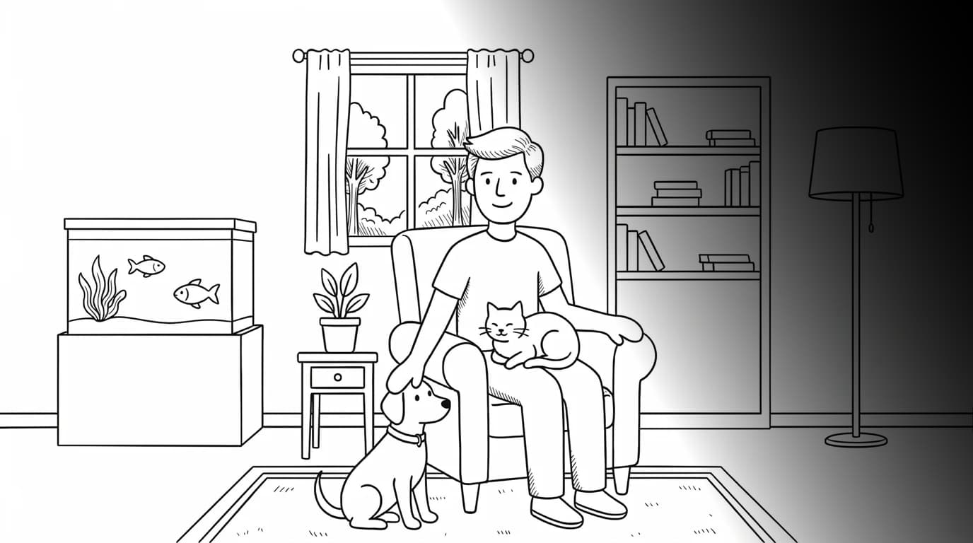 Pet sitter relaxing at home with pets