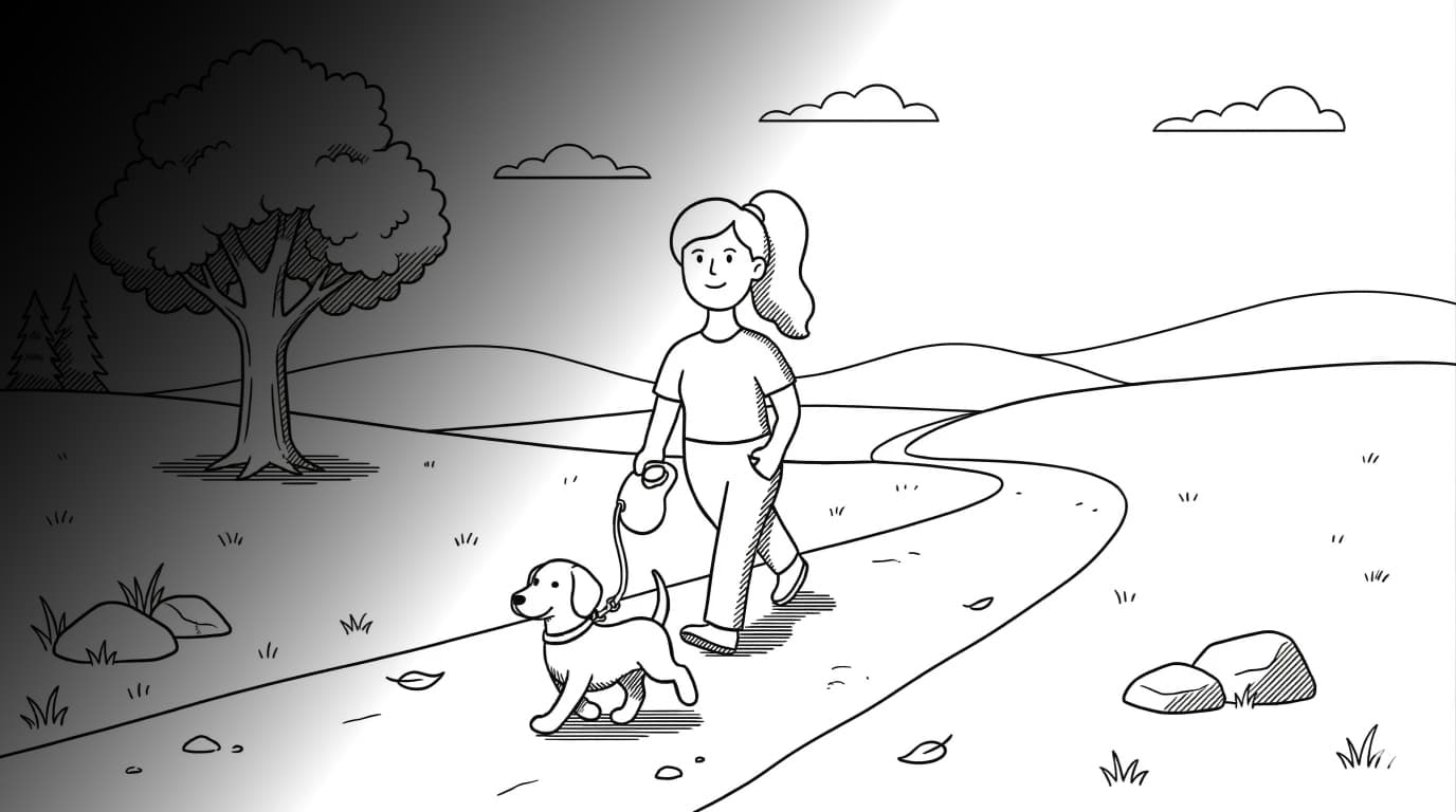 Woman walking dog in neighborhood