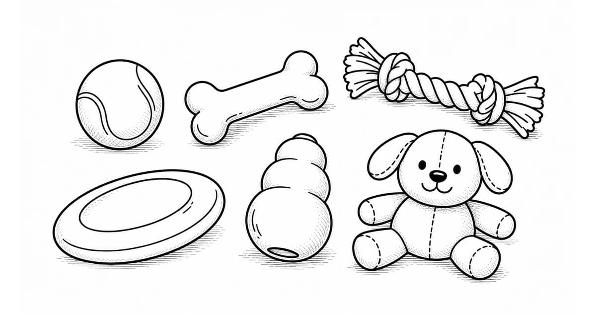 A line illustration of dog toys including a ball, bone, rope, frisbee, treat toy, and plush dog