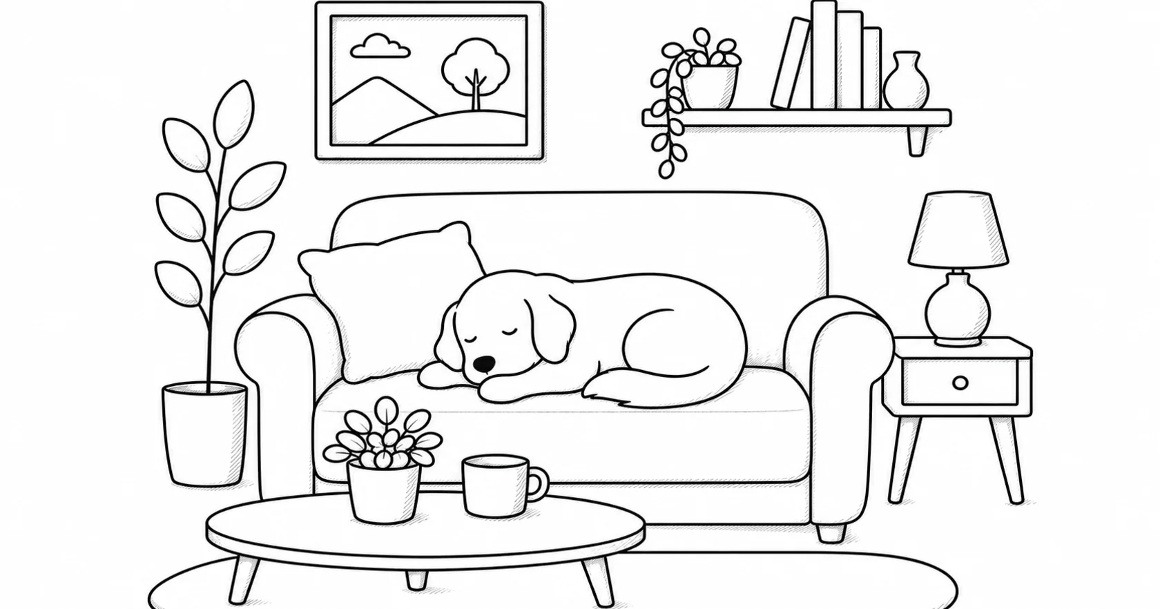 A line illustration of a dog sleeping peacefully on a couch in a cozy living room