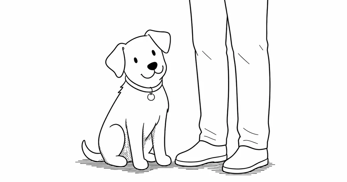 Line illustration of a smiling dog sitting beside a pet parent