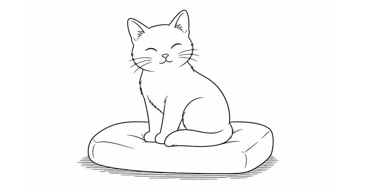 Line illustration of a smiling cat sitting on a cushion